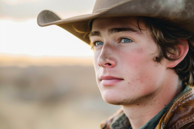 portrait of a western American young man in a cowboy hat in Wyoming