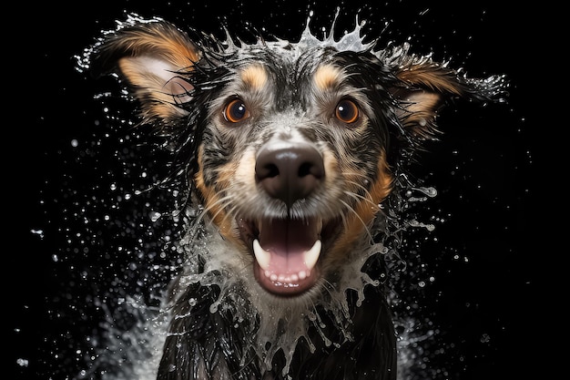 Portrait of a wet dog closeup on a black background