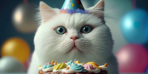 Portrait of a white cat in his birthday party wearing a birthday hat birthday party celebration with confetti and colorful balloons AIGenerated