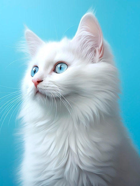 Portrait of a white cat with blue eyes on a blue background