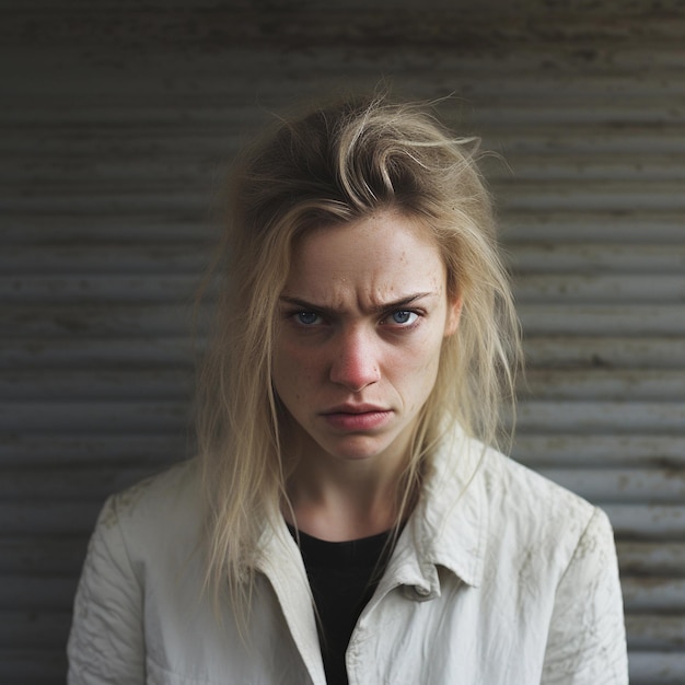 Portrait of a white female with angry expression against textured background