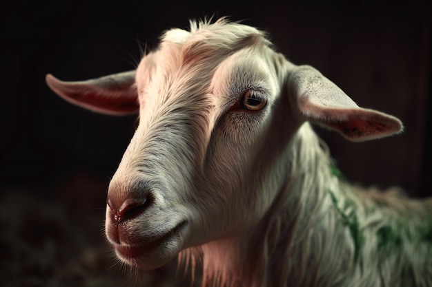 Portrait of a white goat on a dark background Closeup