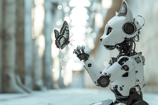 Photo portrait of a white and gray cybernetic cat playing with butterfly close up interior