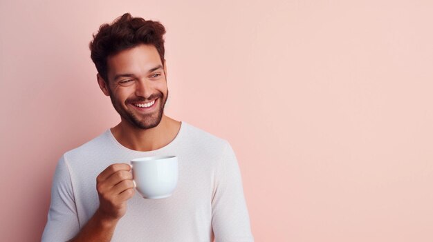 Portrait of a white male holding a cup of hot coffee against pastel background with space for text