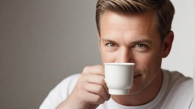 Portrait of a white male with a cup of hot coffee against white background with space for text