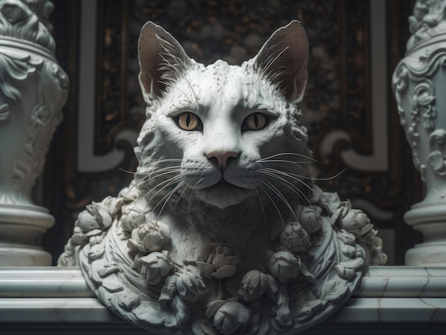 Portrait of a white Marble cat statue close up