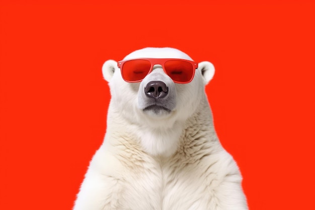 Portrait of a white polar bear wearing red sunglasses on a red background