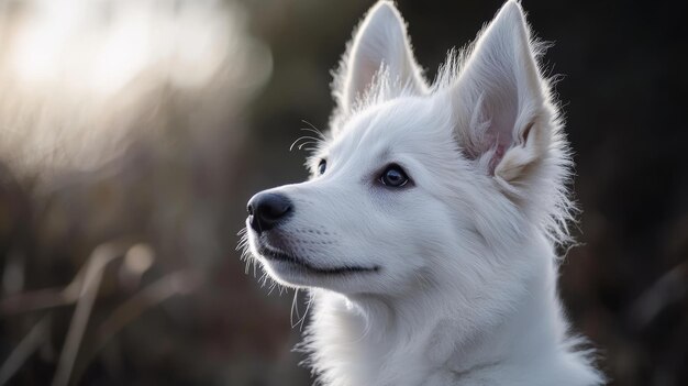 Photo portrait of a white swiss shepherd dog with blue eyes in the nature