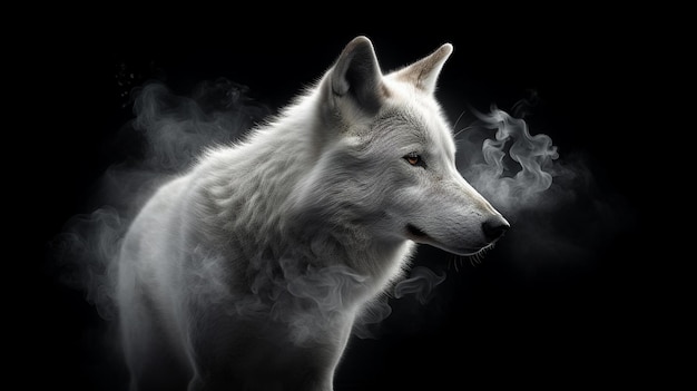 Portrait of a white Swiss Shepherd dog with smoke on a black backgroundgenerative ai