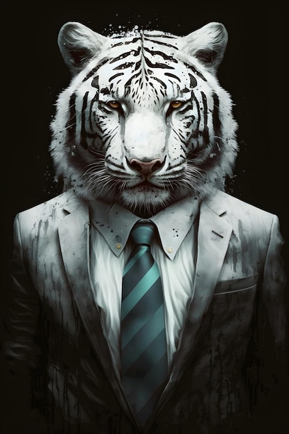 Portrait of a white tiger standing in a business suit and tie Generative ai illustration