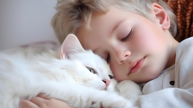 Portrait of a white toddler boy sleeps with his cat against white background with space for text