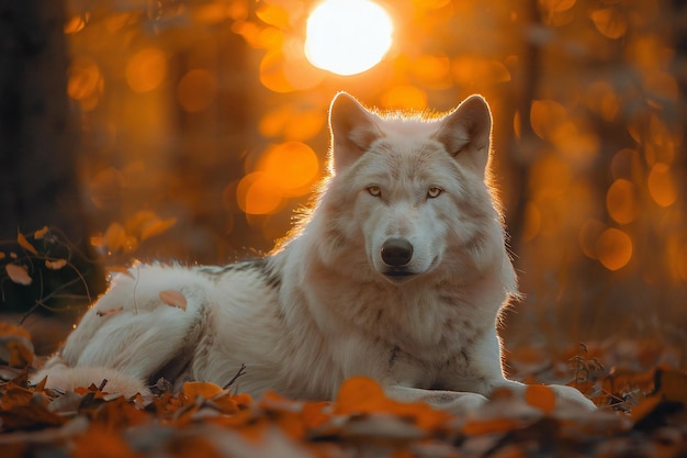 Portrait of a white wolf in the autumn forest at sunset