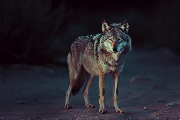 Portrait of a wild wolf in the desert Toned