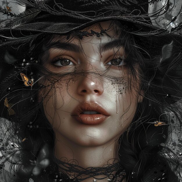 Photo portrait of a witch surrounded by magical elements