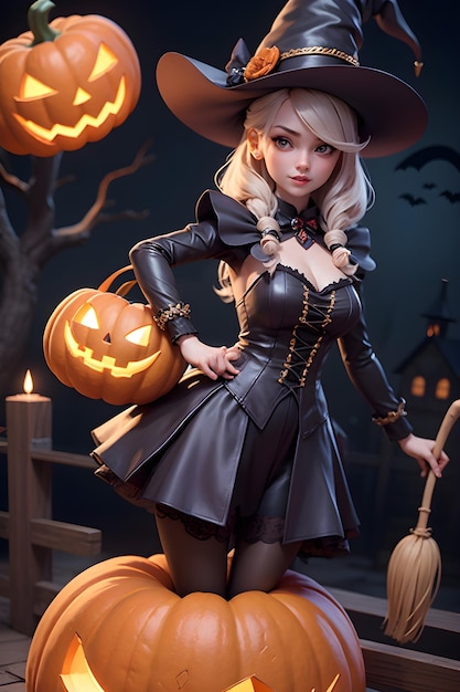 Portrait of a witch with a pumpkin Halloween