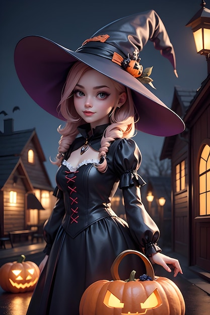 Portrait of a witch with a pumpkin Halloween