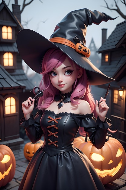 Portrait of a witch with a pumpkin Halloween