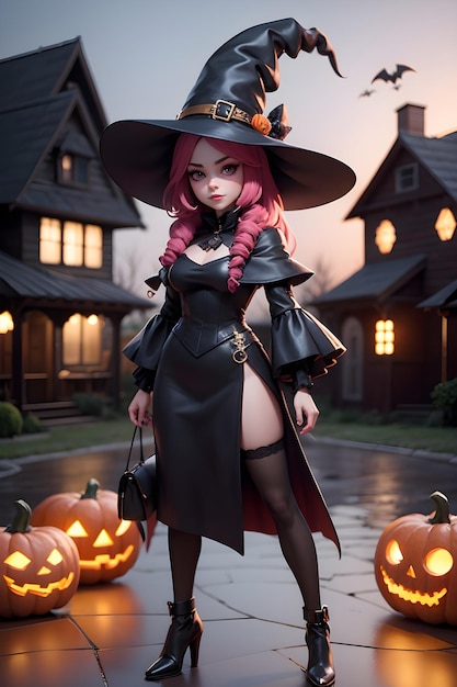 Portrait of a witch with a pumpkin Halloween