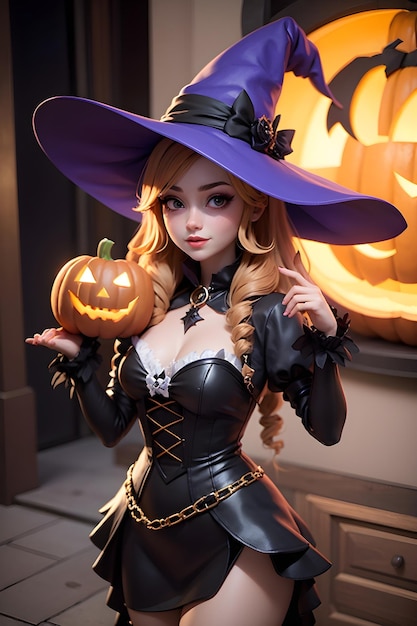 Portrait of a witch with a pumpkin Halloween