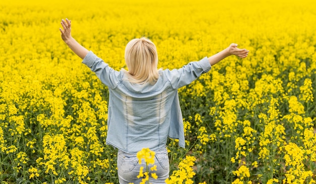 Portrait with a beautiful woman in rapeseed.