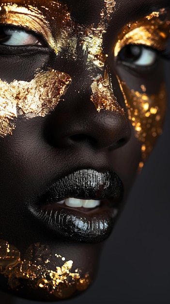 portrait with closeup of African American female with gold paint on face and body and golden against dark background