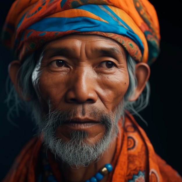 Portrait with hermit identity in modern Indonesian style orange and blue colors generative ai