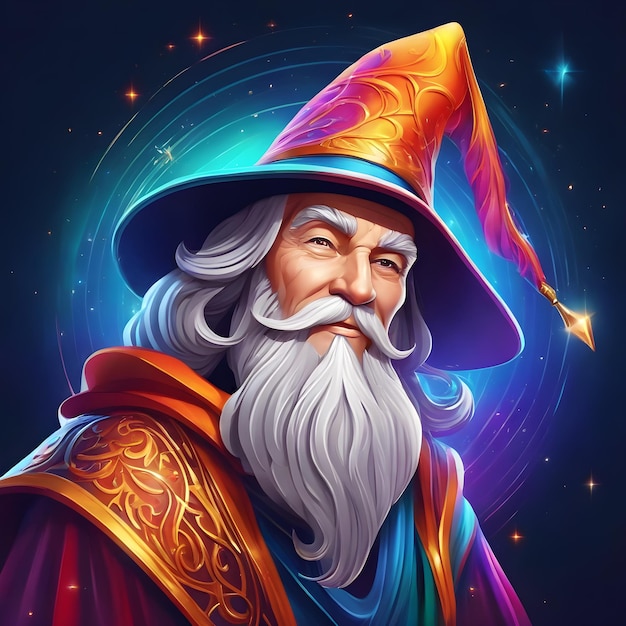 Portrait of a wizard with a magic wand on a dark background