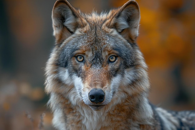 Portrait of a wolf in the autumn forest closeup