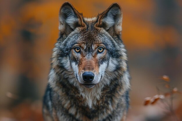 Portrait of a wolf in the autumn forest Closeup