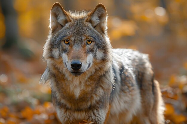 Portrait of a wolf in the autumn forest closeup