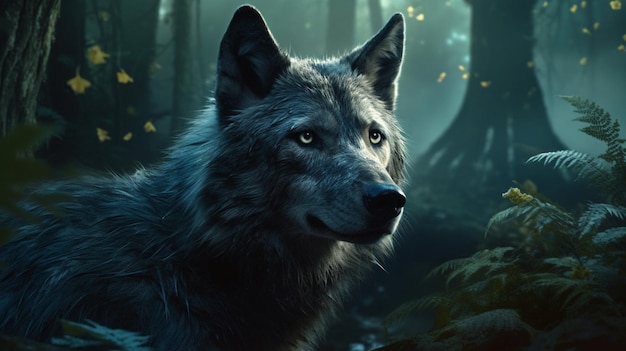 Portrait of a wolf in the autumn forestgenerative ai