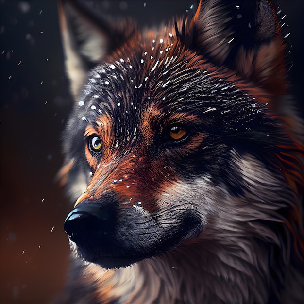 Portrait of a wolf on a dark background with snowflakes