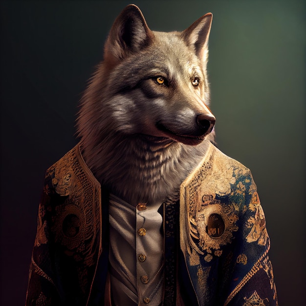 Portrait of a wolf dressed as a hussar