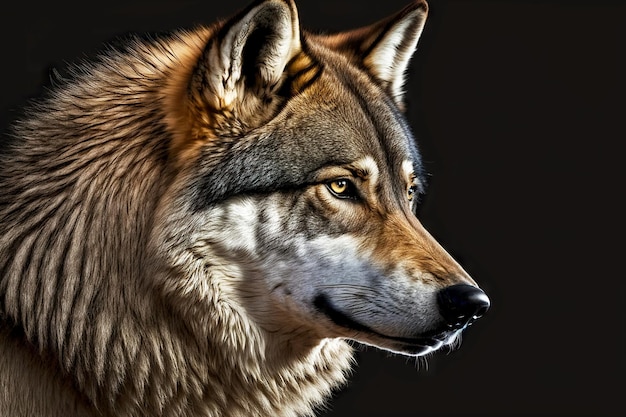 Portrait of wolf head with fur on black background