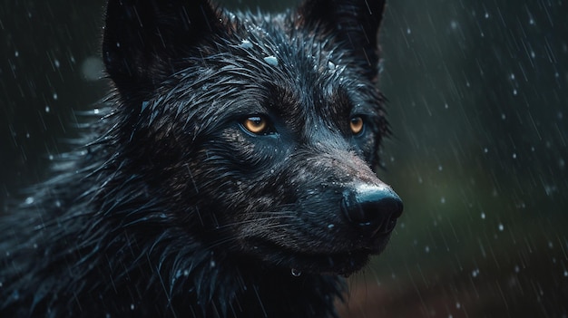 Portrait of a wolf in the rain closeupgenerative ai