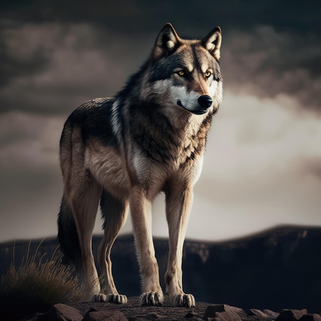 Portrait of wolf on rock created using generative ai technology