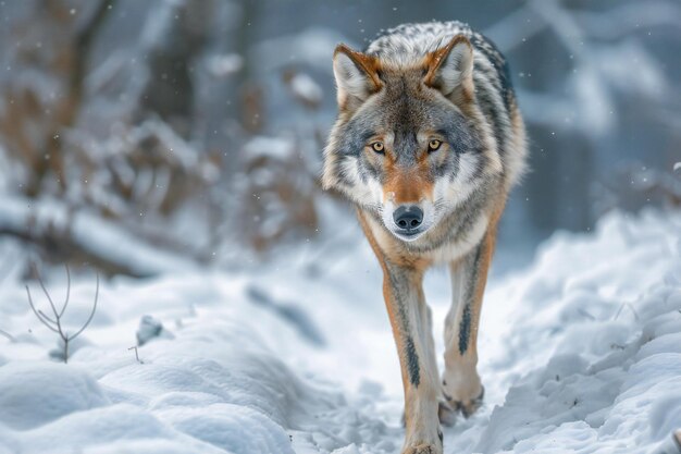 Portrait of a wolf in winter forest Animal in nature