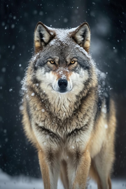 Portrait of wolf with snow falling created using generative ai technology