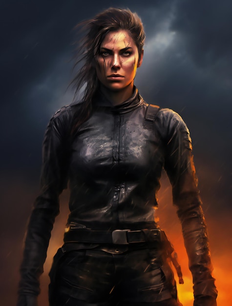 A portrait of a woman in a black leather jacket against a dramatic sky