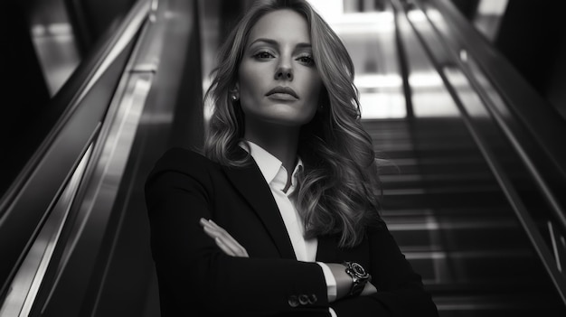 Photo portrait of a woman in a black suit on an escalator