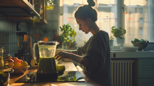 Photo portrait of a woman blending green smoothie in kitchen high details photorealistic high sharpness sh