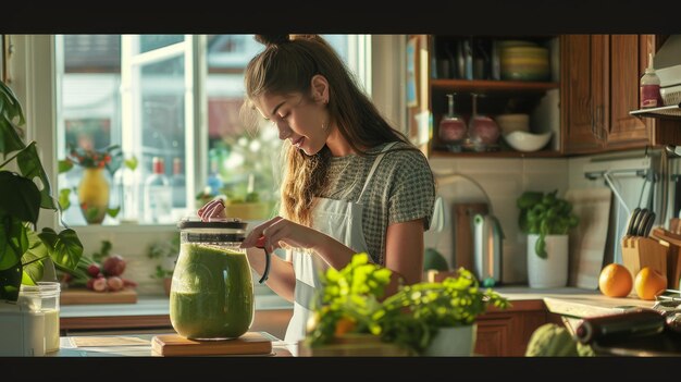 Photo portrait of a woman blending green smoothie in kitchen high details photorealistic high sharpness sh