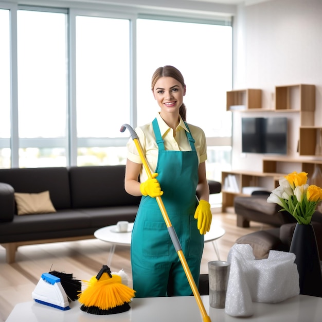 A portrait woman cleaner uniform office and home cleaning services