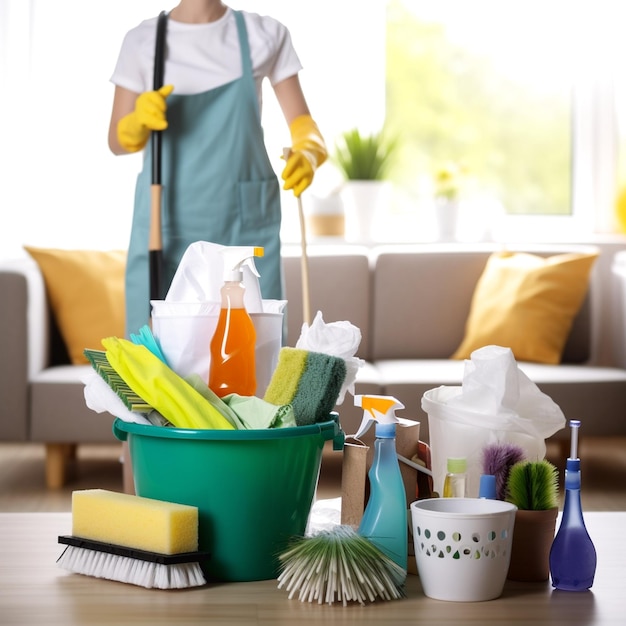 Photo a portrait woman cleaner uniform office and home cleaning services