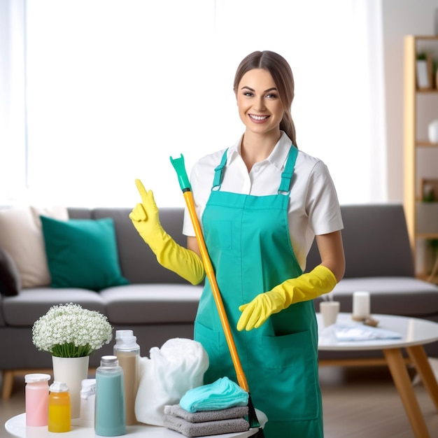 A portrait woman cleaner uniform office and home cleaning services