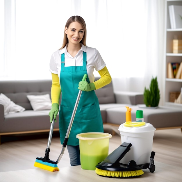 A portrait woman cleaner uniform office and home cleaning services