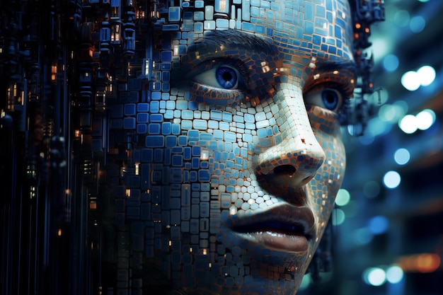 Portrait of woman cyborg face with digital pixels in the background Future concept