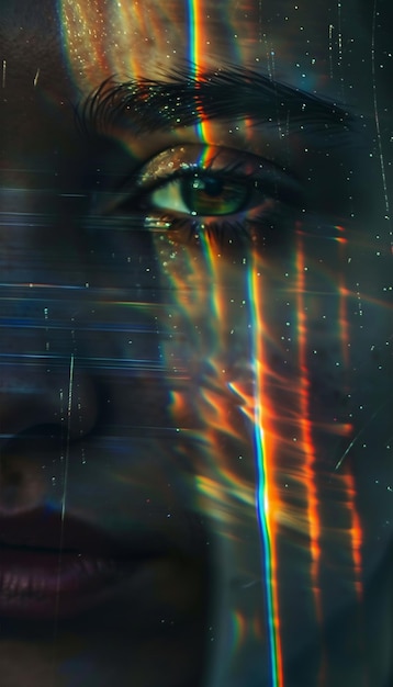 A portrait of a woman in a dark room with rainbowlike light streaks crossing her face