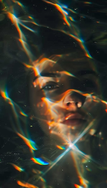 A portrait of a woman in a dark room with rainbowlike light streaks crossing her face