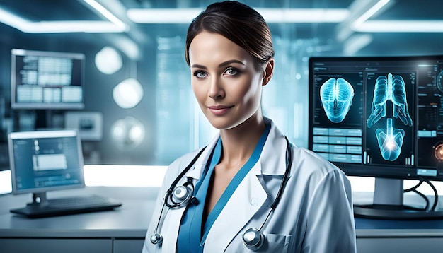 Portrait of woman doctor using futuristic medical digital technology